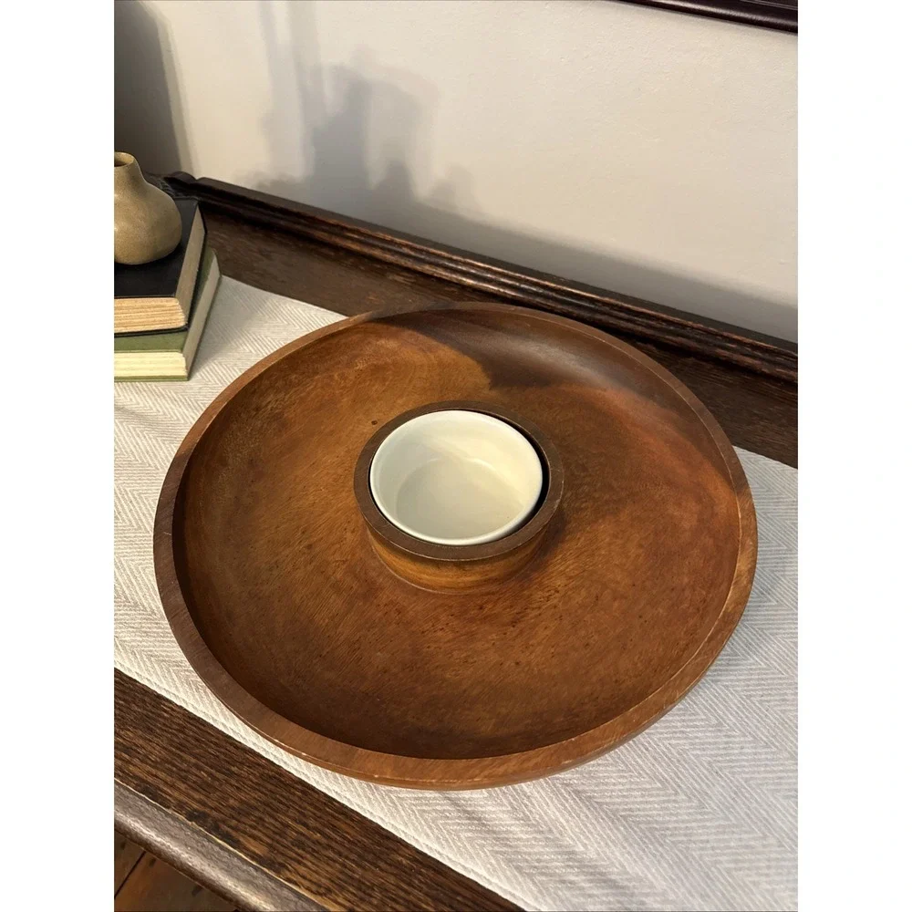 Crate & Barrel Acacia Wood Chip & Dip Bowl 423-742 Boho Retro Entertaining
